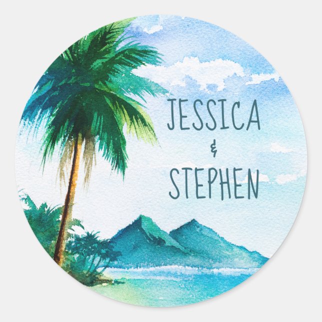 Island Palm Tree Painting Tropical Beach Hochzeit Runder Aufkleber (Vorderseite)