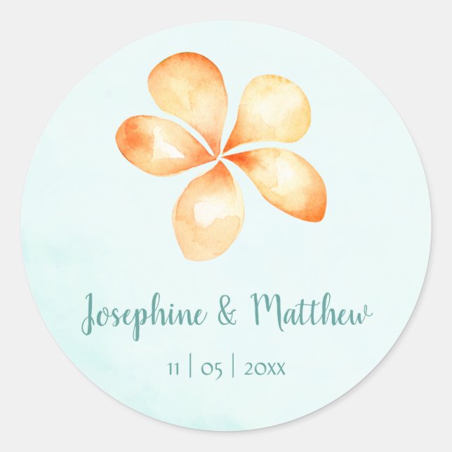 Island Plumeria Watercolor Wedding Stickers (Vorderseite)
