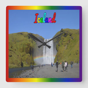 Island - Regenbogenwasserfall Quadratische Wanduhr