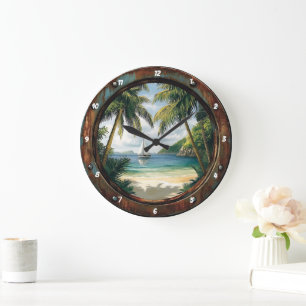 "Island Time" - Nautilus-Fenster Tropischer Strand Große Wanduhr