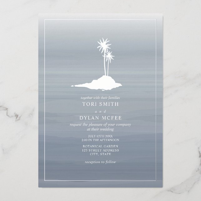 Island Wedding Chambray Watercolor Folieneinladung (Vorderseite)