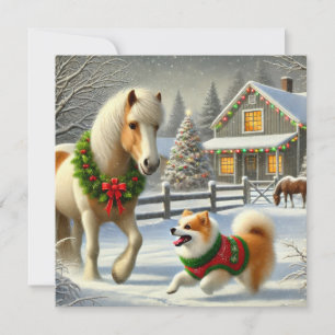Isländische Weihnachtskarte mit Pferd und Hund Feiertagskarte