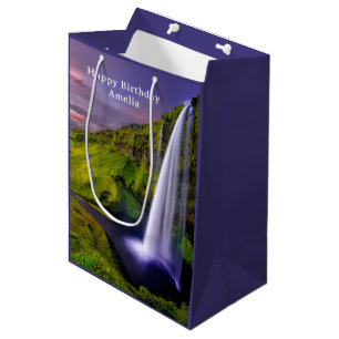 Isländischer Wasserfall Grüne Natur Foto Geburtsta Mittlere Geschenktüte