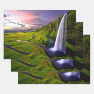 Isländischer Wasserfall Grüne Natur Foto Geschenkpapier Set
