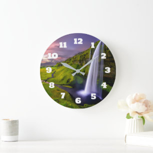 Isländischer Wasserfall Grüne Natur Foto Große Wanduhr