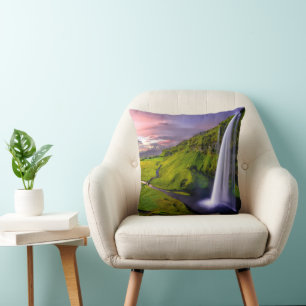 Isländischer Wasserfall Grüne Natur Foto Kissen