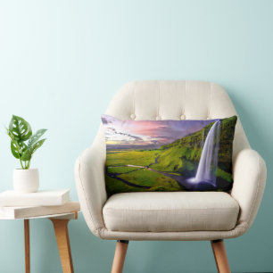 Isländischer Wasserfall Grüne Natur Foto Lendenkissen
