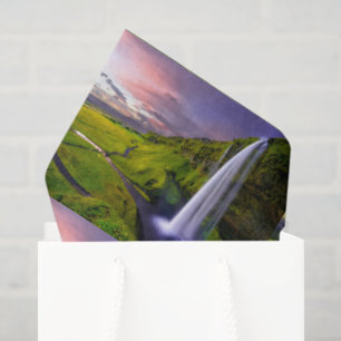 Isländischer Wasserfall Grüne Natur Foto Muster Seidenpapier