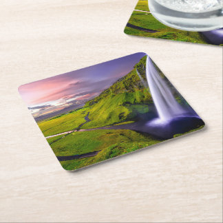 Isländischer Wasserfall Grüne Natur Foto Rechteckiger Pappuntersetzer