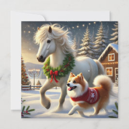 Isländisches Pferd und Hund Weihnachtskarte Feiertagskarte