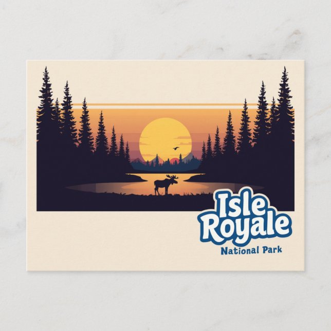 Isle Royale Moose Sunset Vintage Art Postkarte (Vorderseite)