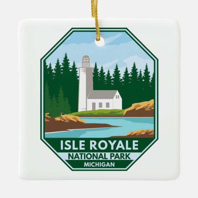 Isle Royale National Park Lighthouse Retro Emblem Keramikornament (Vorderseite)