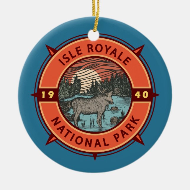 Isle Royale National Park Moose Retro Compass Keramik Ornament (Vorne)