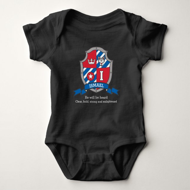 Ismael Jungs Ich heiße und meine Ritter Schild Baby Strampler (Vorderseite)