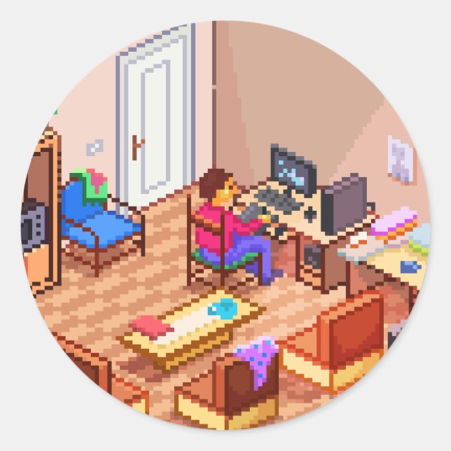 Isometric Pixel Art Gaming PC Room Runder Aufkleber (Vorderseite)