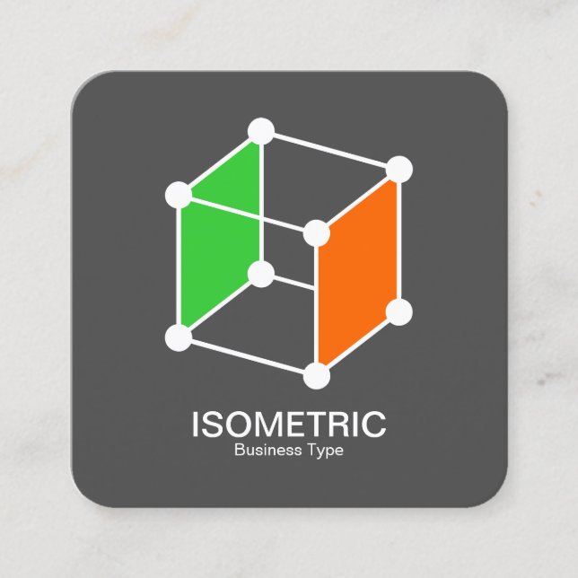 Isometrische Cube - Weiß, Grün und Orange auf Grau Quadratische Visitenkarte (Vorderseite)