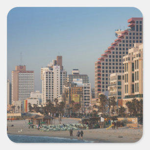 Israel, Tel Aviv, Strandpromenade, Hotels, Dämmer Quadratischer Aufkleber