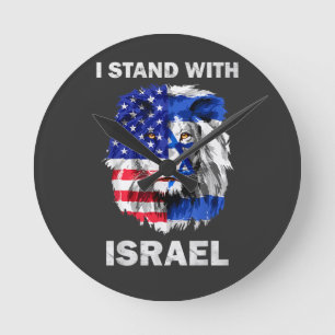 Israel und USA-Flagge Löwe _ Ich stehe hinter Isra Runde Wanduhr