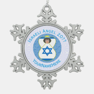 Israeli Flag Engel auf Blau und Weiß Personalisier Schneeflocken Zinn-Ornament