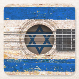 Israelische Flagge auf alter Akustikgitarre Rechteckiger Pappuntersetzer