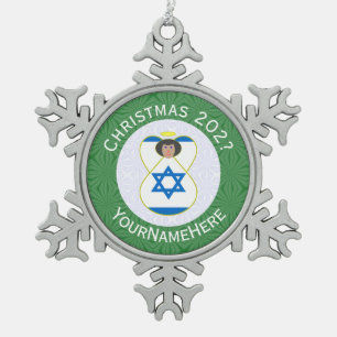 Israelische Flagge Weihnachtsengel Name Jahr Schneeflocken Zinn-Ornament