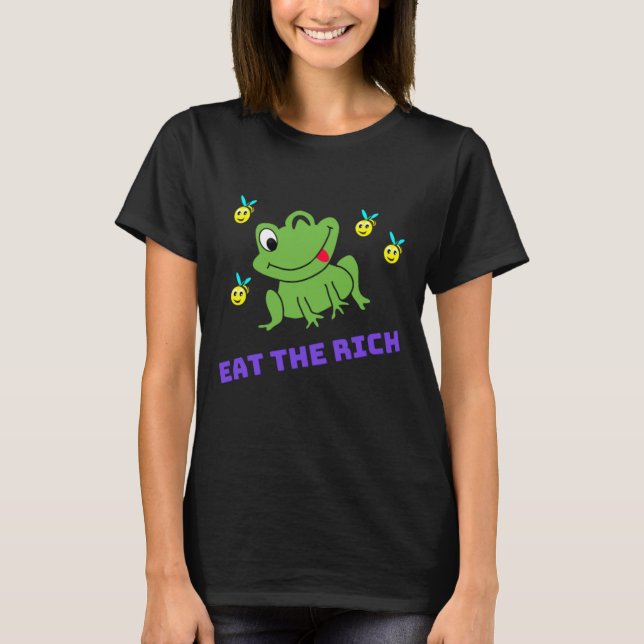 Iss die Reichen, Frosch spottet mit Bienen, grüner T-Shirt (Vorderseite)
