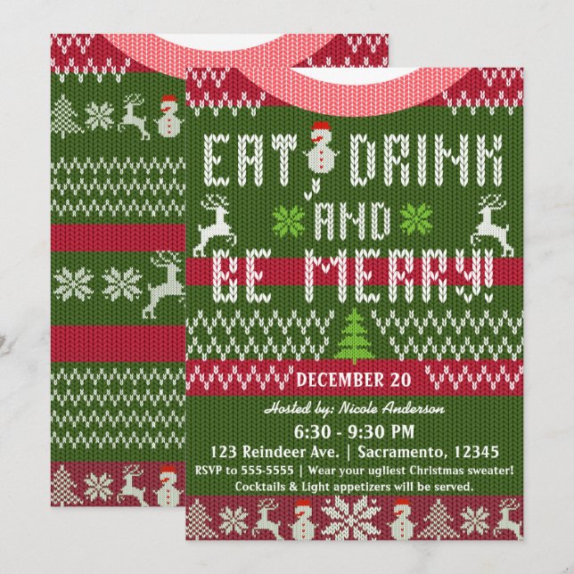 Iss Drink Be Frohe Weihnachts Strick Sweater Einladung (Vorne/Hinten)