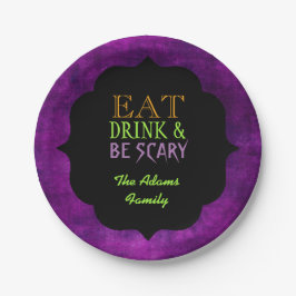 Iss Drink und sei Beängstigend Lila Halloween Pappteller