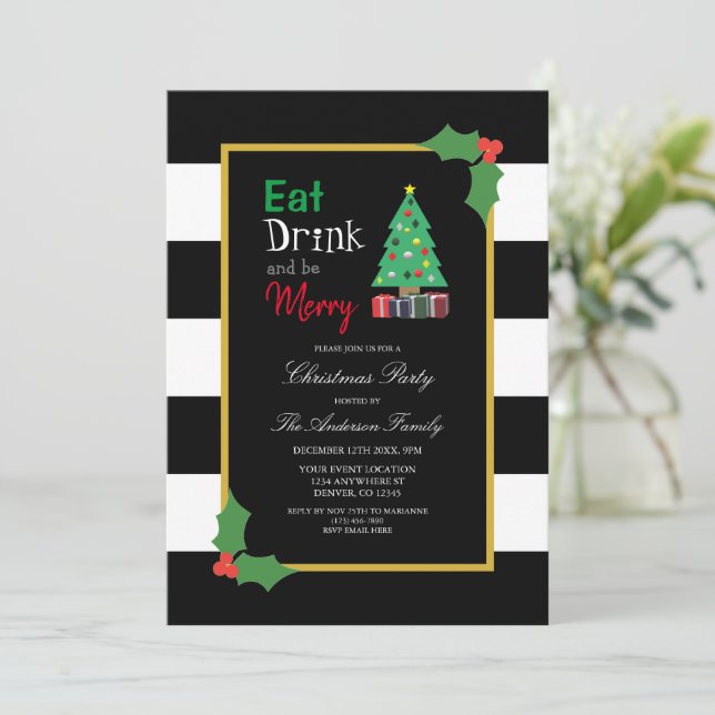 Iss Drink und sei frohe Weihnachten Party Einladun Einladung (Stehend Vorderseite)