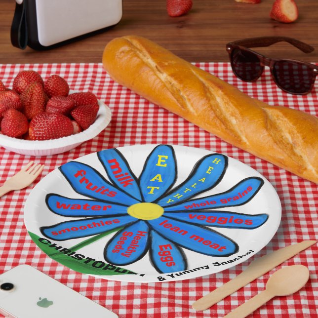 Iss Healthy Blue Daisy Floral Kids NAME Pappteller (Picknick)
