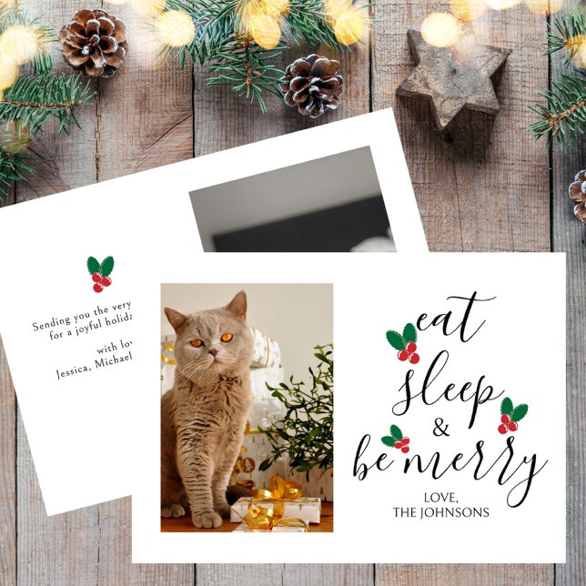 Iss Sleep Be Merry Pet Foto Weihnachten (cat, dog, dog owner, pets, pet photo, photo christmas, photo holiday, modern,elegant, script, holly)