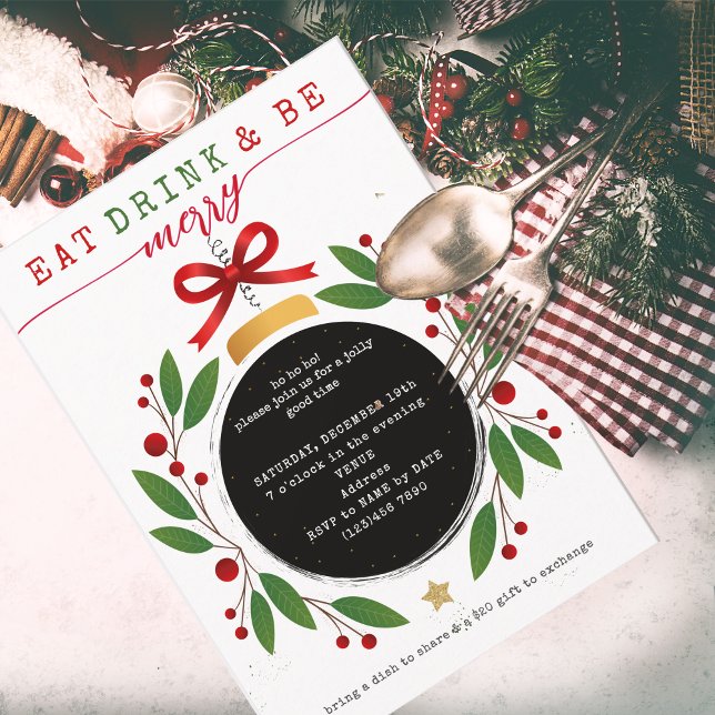 Iss, trink und sei fröhlich Weihnachtsfeier Potluc Einladung (Modern Eat Drink and Be Merry Christmas Bauble Potluck Invitation Church Family Office Xmas Parties)