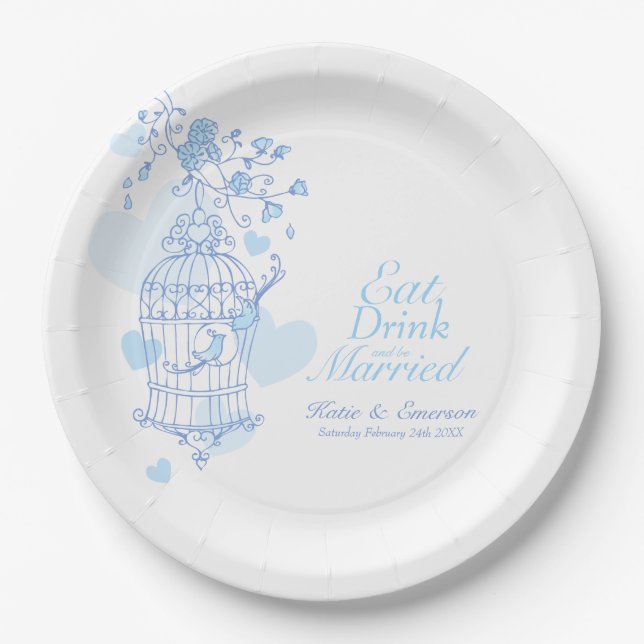 Iss trinken Gewürzkäfig Blaue Vögel Hochzeit Pappteller (Vorderseite)