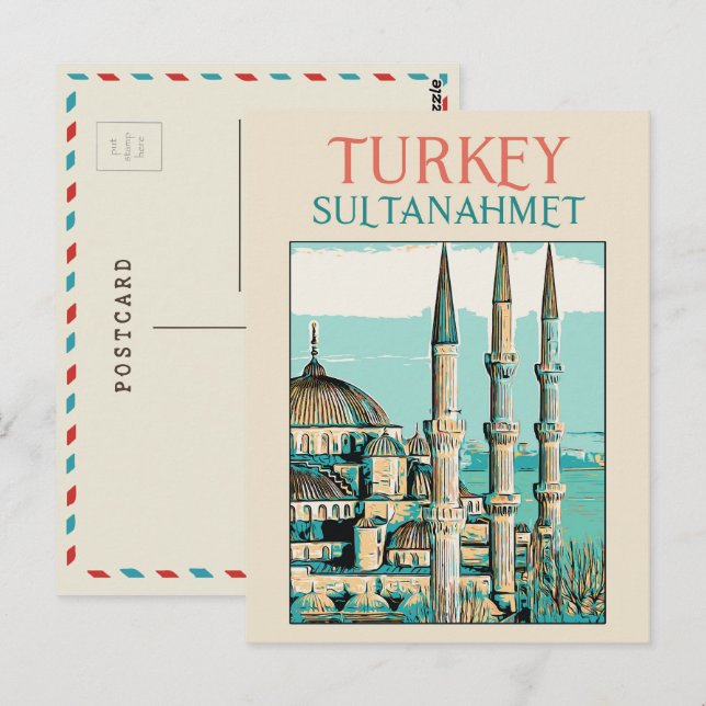 Istambul Mosquée Bleue illustration Turquie Carte  (Devant / Derrière)