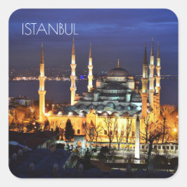 Istanbul Blue Mosque Night Scenery Premium Travel Quadratischer Aufkleber