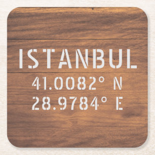 Istanbul Latitude & Longitude Dark Wood Rechteckiger Pappuntersetzer
