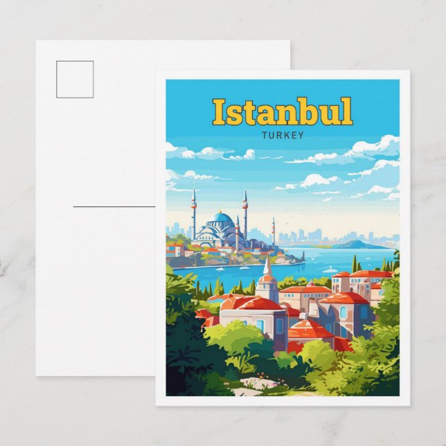 Istanbul Türkei Reisen Vintage Illustration Postkarte (Vorne/Hinten)