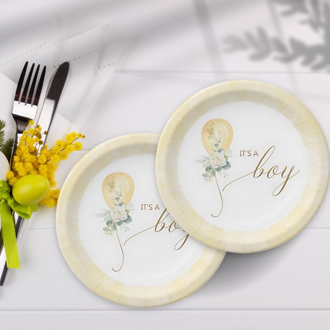 It’s A Boy Baby Shower –Gold Balloon & Greenery Pappteller (Von Creator hochgeladen)