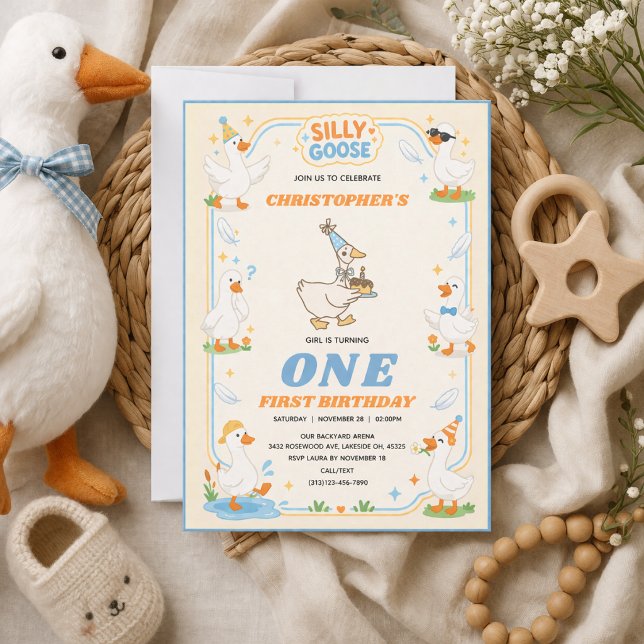 It’s ONE Silly Goose Retro 1st Birthday Fun Modern Einladung (It’s ONE Silly Goose Retro 1st Birthday Fun Modern Invitation
)