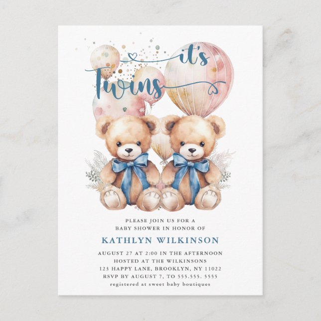 IT S TWINS Blue Balloons Teddy Bears Baby Dusche Einladungspostkarte (Vorderseite)