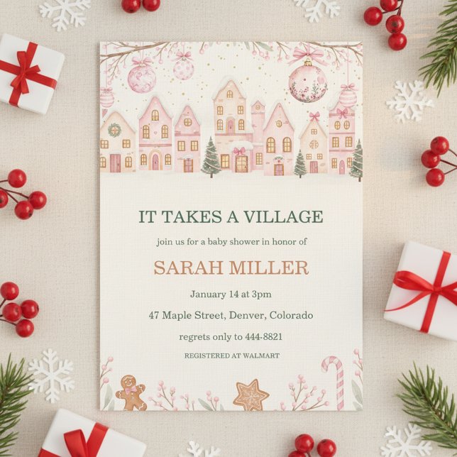 It Takes a Village Baby Shower Invitation Einladung ("pink christmas village")