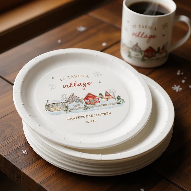 It Takes a Village Snowy Winter Baby Shower Pappteller (Von Creator hochgeladen)