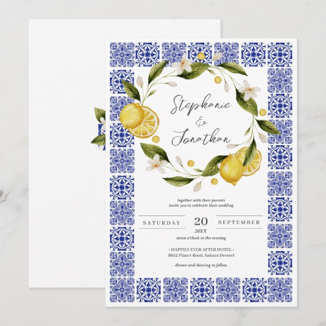 Italia Blue Watercolor Lemon Calligraphy Wedding Einladung (Vorne/Hinten)