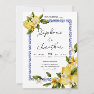 Italia Blue Watercolor Lemon Calligraphy Wedding Einladung