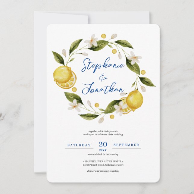 Italia Blue Watercolor Lemon Calligraphy Wedding I Einladung (Vorderseite)