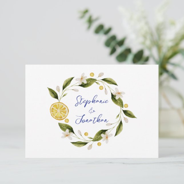 Italia Blue Watercolor Lemon RSVP Card (Stehend Vorderseite)