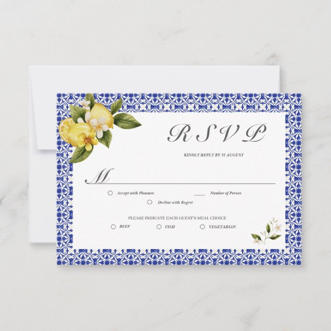 Italia Blue Watercolor Lemon RSVP Card Karte (Vorderseite)