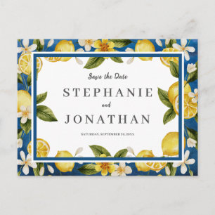 Italia Blue Watercolor Lemon SavetheDate Postcard Einladungspostkarte