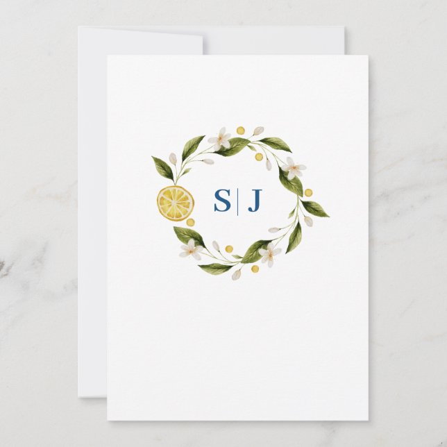 Italia Blue Watercolor Lemon Wedding Einladung (Rückseite)