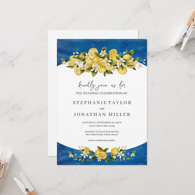 Italia Blue Watercolor Lemon Wedding Einladung (Vorderseite/Rückseite Beispiel)